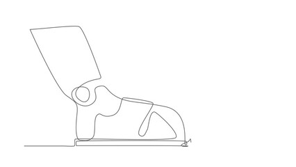 Poster - self drawing animation of single one line draw of robot kneeling giant foot. robot apologize to boss