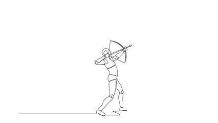 Poster - Animated self drawing of continuous line draw robot aiming bow against giant shoes stomping. Robot archering against giant foot step. Robotic artificial intelligence. Full length one line animation