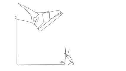 Poster - Self drawing animation of single line draw robot punching uppercut under big foot stomp. Robot against authoritarian or anger boss. Technology development. Continuous line draw. Full length animated