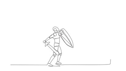 Poster - Self drawing animation of single line draw of robot fight to giant foot with shield sword. Robot against boss big shoe stomp. Future technology development. Continuous line draw. Full length animated