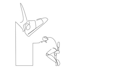 Poster - Animated self drawing of continuous line draw robot sleeping on pile of paper on desk under big foot stomp. Overworking, overload. Robotic artificial intelligence. Full length one line animation