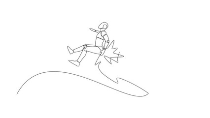 Poster - Animated self drawing of single continuous line draw robot getting fired, flying through air after being kicked in the back. Modern robotic artificial intelligence. Full length one line animation