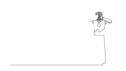 Poster - Animated self drawing of continuous line draw robot with round scribbles instead of head. Confused robot searching answers trouble solution. Artificial intelligence. Full length single line animation