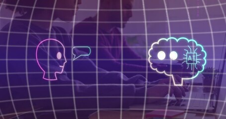 Poster - Animation of ai data processing with chat icons and diverse businesspeople with computers