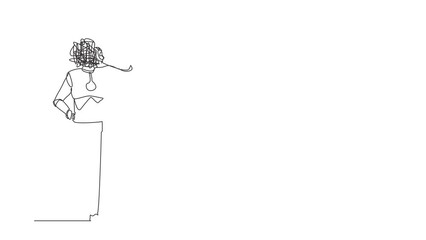Poster - Animated self drawing of continuous line draw robot with round scribbles instead of head. Doubting robot standing, unsatisfied serious worrying. Future technology. Full length one line animation