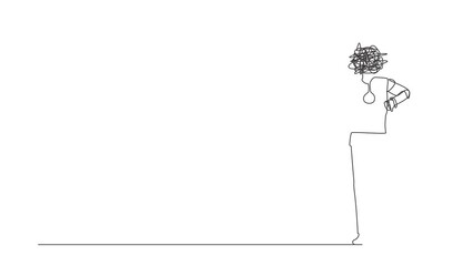 Poster - Self drawing animation of single one line draw robot with round scribbles instead of head, standing showing thumbs down. Disagreement. Humanoid robot cybernetic. Continuous line. Full length animated