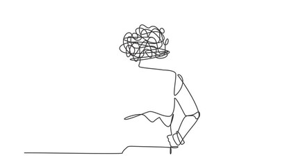 Poster - Animated self drawing of continuous line draw robot with round scribbles instead of head, standing holding on his hip. Humanoid robot cybernetic. Robotic development. Full length single line animation