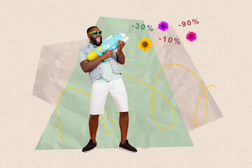 Sticker - Collage picture of excited guy hold water gun shoot flowers big sale percent isolated on creative background