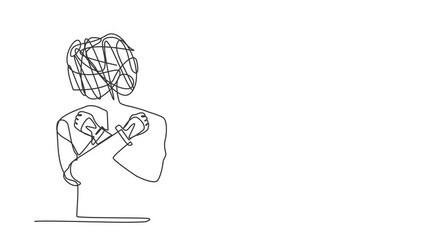 Poster - Self drawing animation of single one line draw robot with round scribbles instead of head. Robot with fist clenched, arms crossed. Artificial intelligence. Continuous line draw. Full length animated