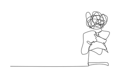 Poster - Animated self drawing of continuous line draw robot with round scribbles instead of head. Sign crossing fingers forming x. Cross, wrong. Humanoid robot cybernetic. Full length single line animation