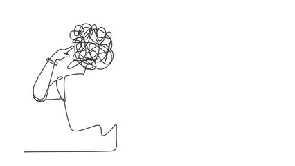 Poster - Self drawing animation of single line draw robot with round scribbles instead of head, covering ears with fingers for loud noise. Future technology development. Continuous line. Full length animated
