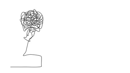 Poster - Animated self drawing of continuous line draw robot with round scribbles instead of head, standing in thoughtful holding chin thinking. Robotic artificial intelligence. Full length one line animation