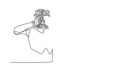Poster - Animated self drawing of continuous one line draw robot with round scribbles instead of head. Confusion mess feeling, stressed. Humanoid robot cybernetic organism. Full length single line animation