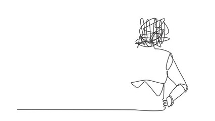 Poster - Animated self drawing of continuous line draw robot with round scribbles instead of head. Doubting robot. Memory, searching, thinking. Robotic artificial intelligence. Full length one line animation