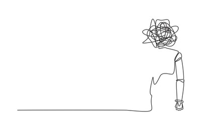 Poster - Self drawing animation of single line draw robot with round scribbles instead of head, frustrated. Anxiety, confusion in thoughts. Technology development. Continuous line draw. Full length animated