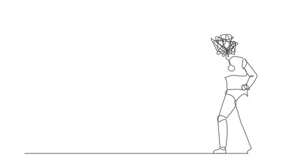 Poster - Self drawing animation of single one line draw robot with round scribbles instead of head, conflicting. Blaming, criticizing. Humanoid robot cybernetic organism. Continuous line. Full length animated