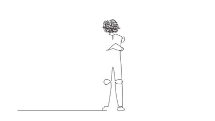Poster - Animated self drawing of continuous one line draw robot with round scribbles instead of head. Fist clenched, arms crossed, happy, positive. Artificial intelligence. Full length single line animation