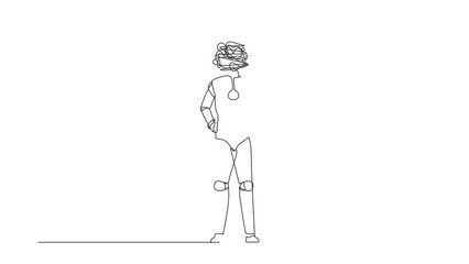 Poster - Animated self drawing of continuous line draw robot with round scribbles instead of head, standing holding hand on hip. Technology development. Artificial intelligence. Full length one line animation