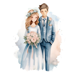 Wall Mural - Vector watercolor illustration very cute wedding couple married with flowers colorful in cartoon style isolated on white background clip art.