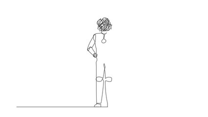 Poster - Self drawing animation of single line draw robot with round scribbles instead of head, rejecting something with stop hand gesture. Humanoid robot cybernetic. Continuous line draw. Full length animated