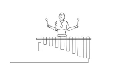 Wall Mural - Animated self drawing of single continuous line draw robot percussion player play marimba at music folk festival. Robotic artificial intelligence. Electronic technology. Full length one line animation