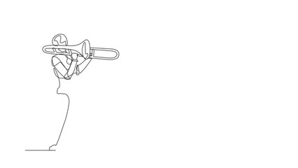 Poster - Animated self drawing of continuous one line draw robot play trombone wind instrument at music event. Humanoid robot cybernetic organism. Future robotic development. Full length single line animation