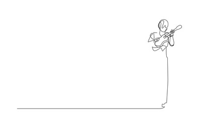 Poster - Animated self drawing of continuous line draw robot playing ukulele or small guitar singing having fun. Robotic artificial intelligence. Electronic technology industry. Full length one line animation
