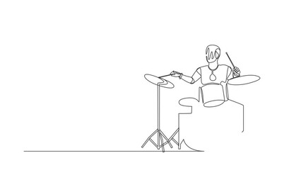 Poster - Self drawing animation of single line draw robot playing drum instrument at music pop. Technology development. Artificial intelligence and machine learning. Continuous line draw. Full length animated