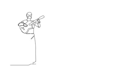 Poster - Animated self drawing of single continuous line draw robot playing acoustic guitar at musical performance. Modern robotic artificial intelligence. Electronic technology. Full length one line animation