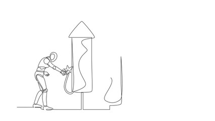 Poster - Animated self drawing of continuous line draw robot ignite firework rocket bar graph to increase company growth. Boost economic profit in electronic technology industry. Full length one line animation
