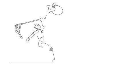 Poster - Animated self drawing of continuous line draw robot try to catch flying money bag with butterfly net. Achieving goal for tech development. Robot cybernetic organism. Full length single line animation