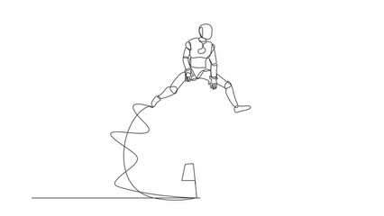 Poster - self drawing animation of single line draw robot jumping on archery bullseye target. achievement tar