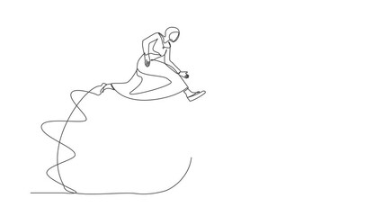 Poster - Animated self drawing of continuous line draw Arabian businesswoman jump over time passing clock. Task planning, work effectiveness. Good time management, scheduling. Full length single line animation