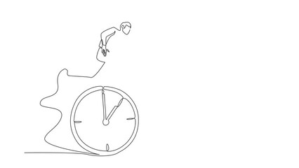 Poster - Self drawing animation of single line draw confidence businessman employee worker jump over time passing clock. Time management, success in work strategy. Continuous line draw. Full length animated