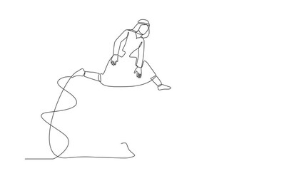 Poster - Animated self drawing of continuous line draw Arab businessman jumping over globe. Globalization summit. Leadership meeting. International partnership, cooperation. Full length single line animation