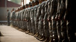 © annebel146 - Section of soldiers legs in military uniform and boots standing in line at camp, american army