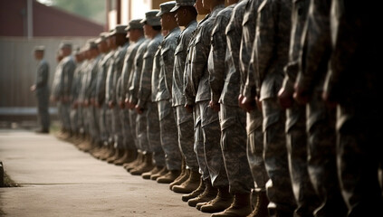 section of soldiers legs in military uniform and boots standing in line at camp, american army