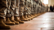 Section Of Soldiers Legs In Military Uniform And Boots Standing In Line At Camp, American Army