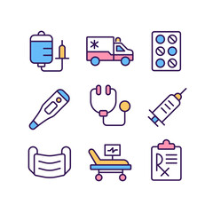 Wall Mural - Medical equipment pixel perfect RGB color icons set. Hospital services. Emergency and first aid. Isolated vector illustrations. Simple filled line drawings collection. Editable stroke