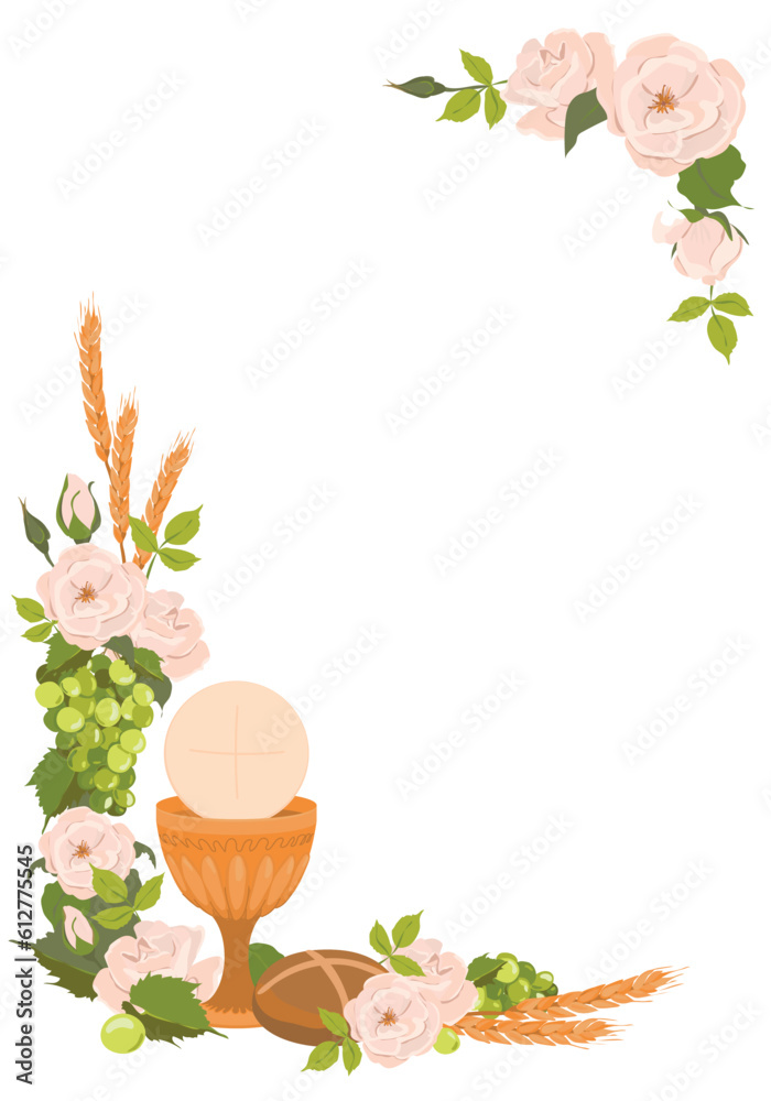 Catholic First Communion. Vector. Golden bowl for wine, bread, wine ...