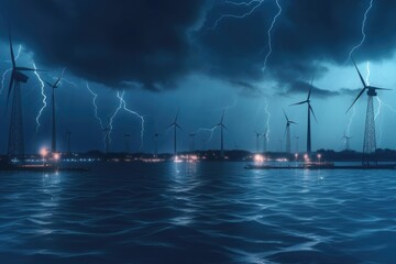 Wall Mural - windmills to generate electricity in the water against a stormy sky