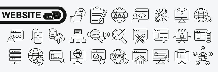 Website icon set. Containing web design, internet, content, SEO, hosting, server, homepage and e-commerce icon. 