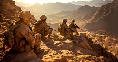 War Concept. Military fighting scene on war fog sky background, World War Soldiers . Selective focus American army in battle,US soldier in the desert, military operation special forces