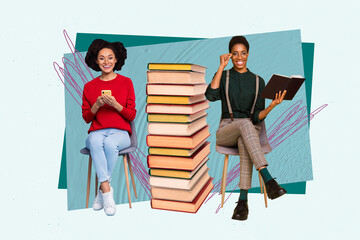 Sticker - Retro 3d collage image of smiling ladies enjoying reading electronic paper book isolated pastel color background