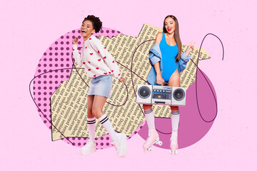 Wall Mural - Creative artwork graphics collage painting of smiling funky ladies having fun boom box songs isolated pink color background