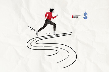 Poster - Creative collage picture of black white colors girl running drawing road arm finger indicate dollar money symbol isolated on paper background