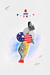 Poster - Vertical collage picture of black white colors arm hold mini girl sit american national flag colors ice cream 4th july decoration