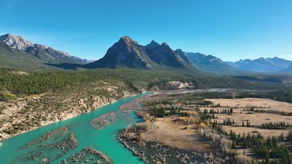 Wall Mural - canada. a drone view of the river in the mountains valley. an aerial view of a forest. winding river