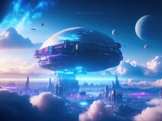 alien spaceship landscape fantasy universe and space cloud background ai generated