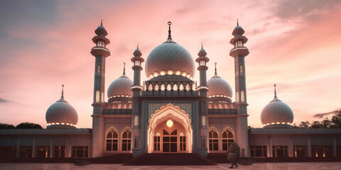 Wall Mural - Exterior of a beautiful ornate muslim religious mosque at sunset. Generative ai